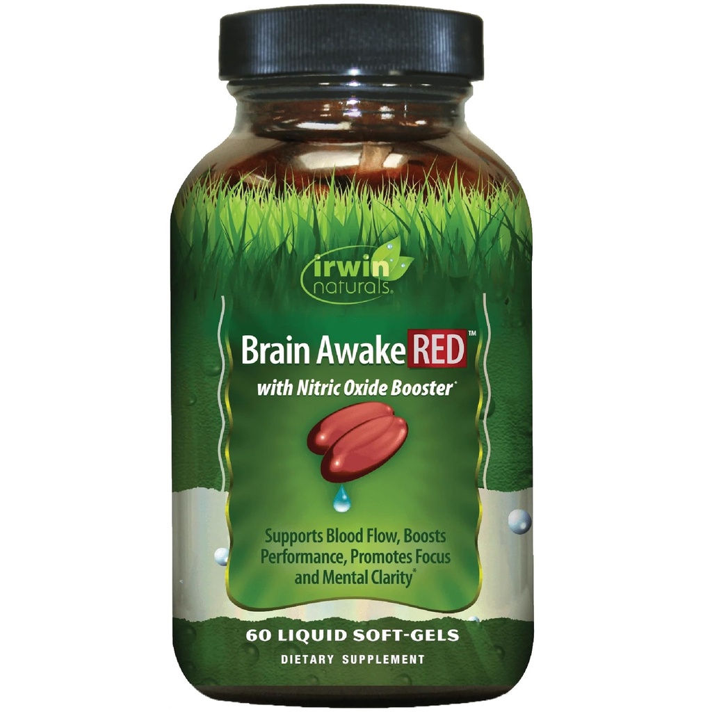 Irwin Naturals Brain Awake RED z Nitric Oxide Booster - 60 Płynny Soft- żel - Wsparcie zdrowia mózgu i optymalizacja wydajności - 20 Łączne służby