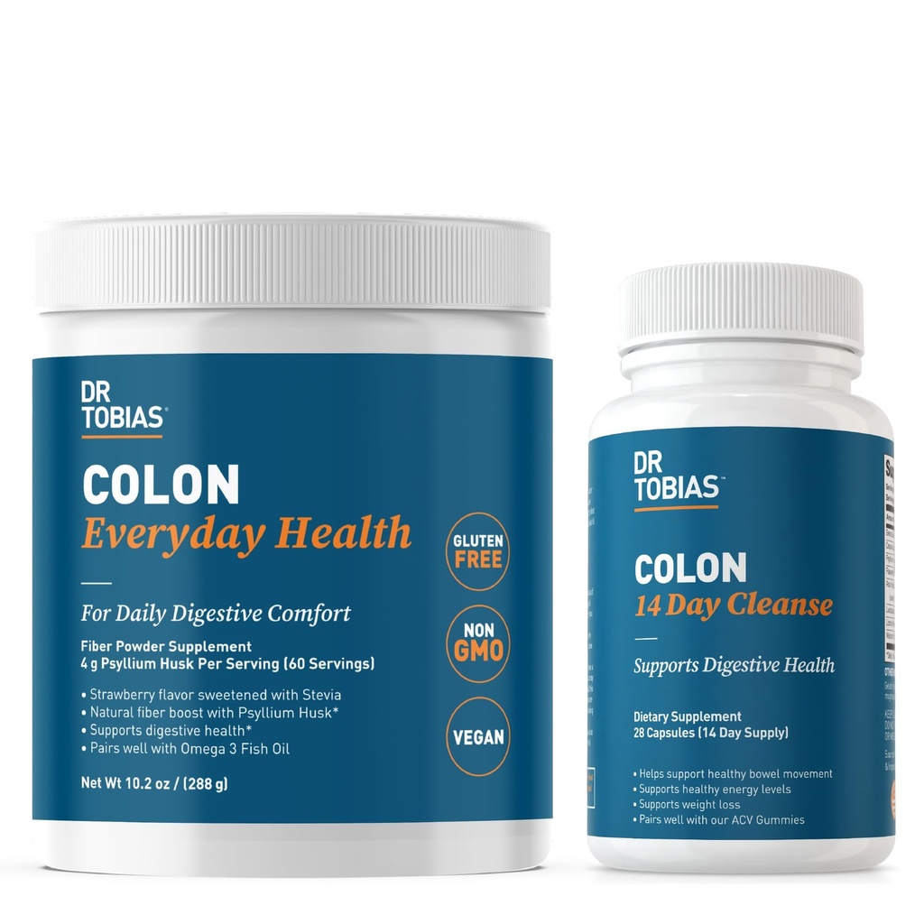 Dr Tobias Colon 14 Day Cleanse and Colon Coverday Health, Advanced Gut Cleanse Detox & Daily Digestive Support with Psyllium Husk Fiber Powder, Digestive Wellness Bundle, Non-GMO