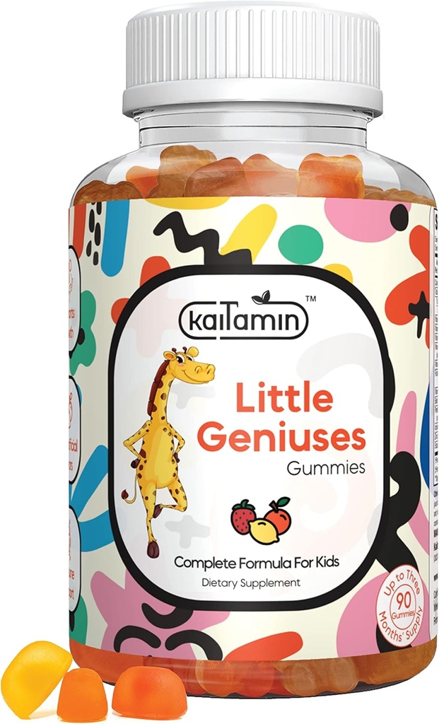 Dzieci Multivitamin Gummies Małe geniusze: Witaminy C, D3, Cynk, Folate, dla odporności, Inteligencja, Focus, i wzrost. Wegan, Nie-GMO, Organic, Gluten- Free Distribution 124; 90 Gummies 3 Dostawy miesięcy