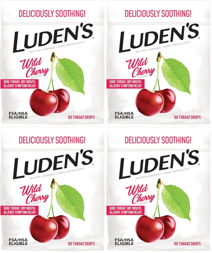 Ludens Sore Throat Relief Lozenges for Minor Everyday Irritation & Dry Mouth, Wild Cherry Flavored Drops, 90 Count (Pack of 4)