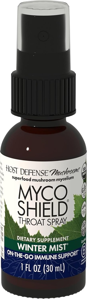 Defense Host MycoShield Throat Spray - Immune Health Support - Dietetyczny Mushroom Supplement z Chaga, Reishi, Turcja Tail & More - On- The- Go Immune Support - Winter Mist, 1 fl oz (71 Sług) *