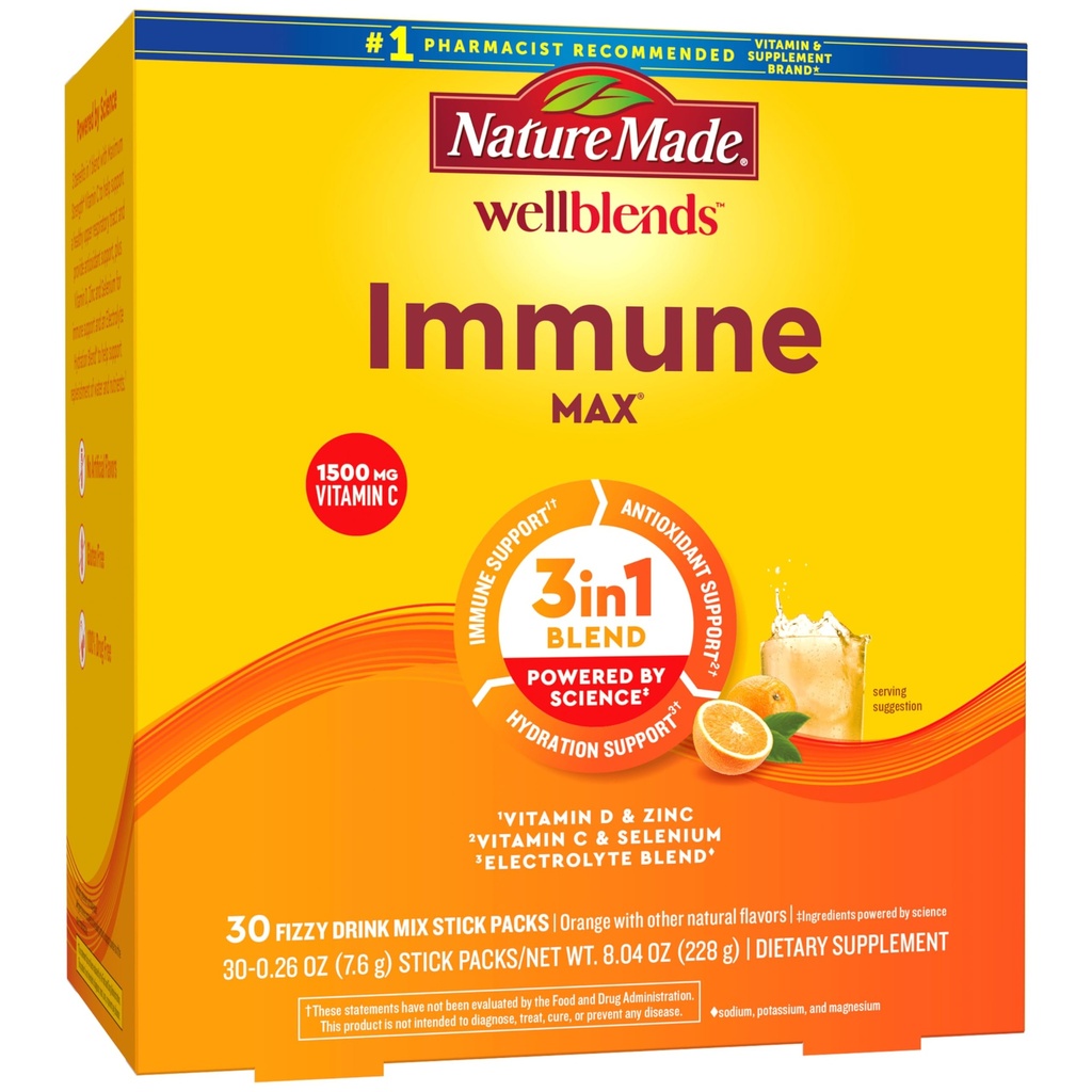 Nature Made Wellblends ImmuneMAX Fizzy Drink Mix, Witamina C 1500mg, Cynk 15 mg, Witamina D3 1000 j. m. (25 μg), plus Witaminy B i Mieszanka do nawadniania elektrolitów, 30 Pakiety z klejem