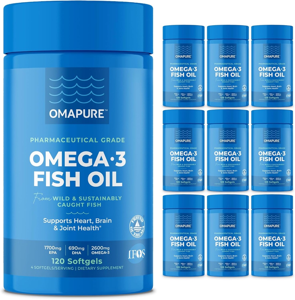 OMAPURE Wild Caught Omega-3 Suplementy z High EPA & DHA (10 butelek, 120 softgeli) - Burpless Formuła Wspiera serce i wspólne zdrowie, Promotes funkcji mózgu