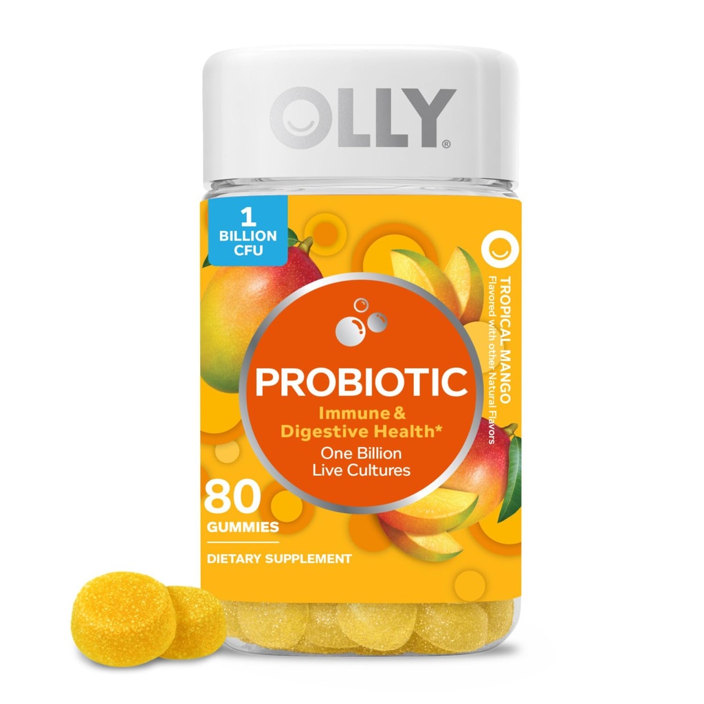 OLLY Probiotic Gummy, System immunologiczny i wsparcie pokarmowe, 1 Miliard CFU, Chewable Probiotic Supplement, Mango Flavored, 40 Day Supply - 80 Count