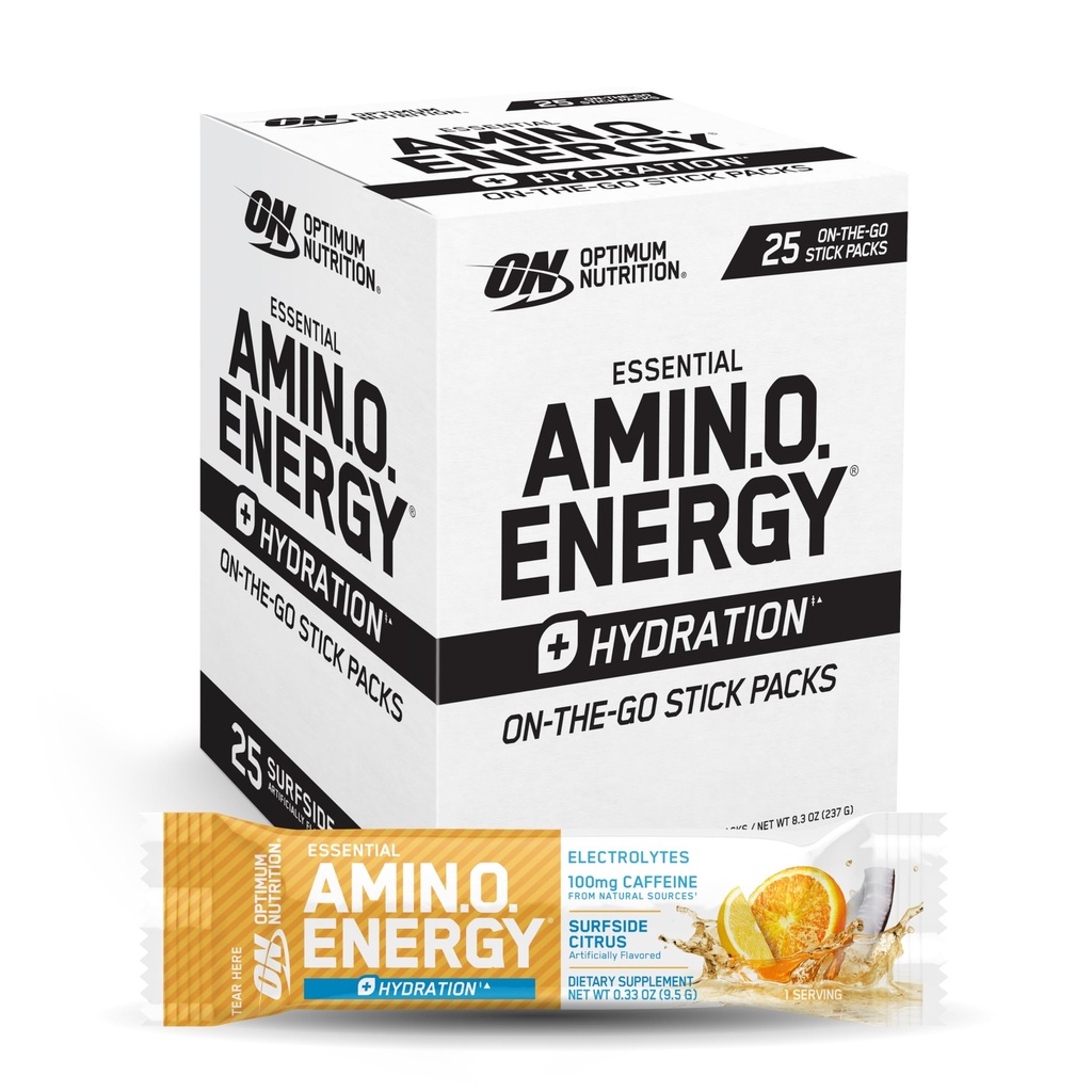 Optimum Nutrition Amino Energy Plus Pakiety nawadniające, Pakiety do klejenia na bazie kafeiny, Cytrusy z surfside, 25