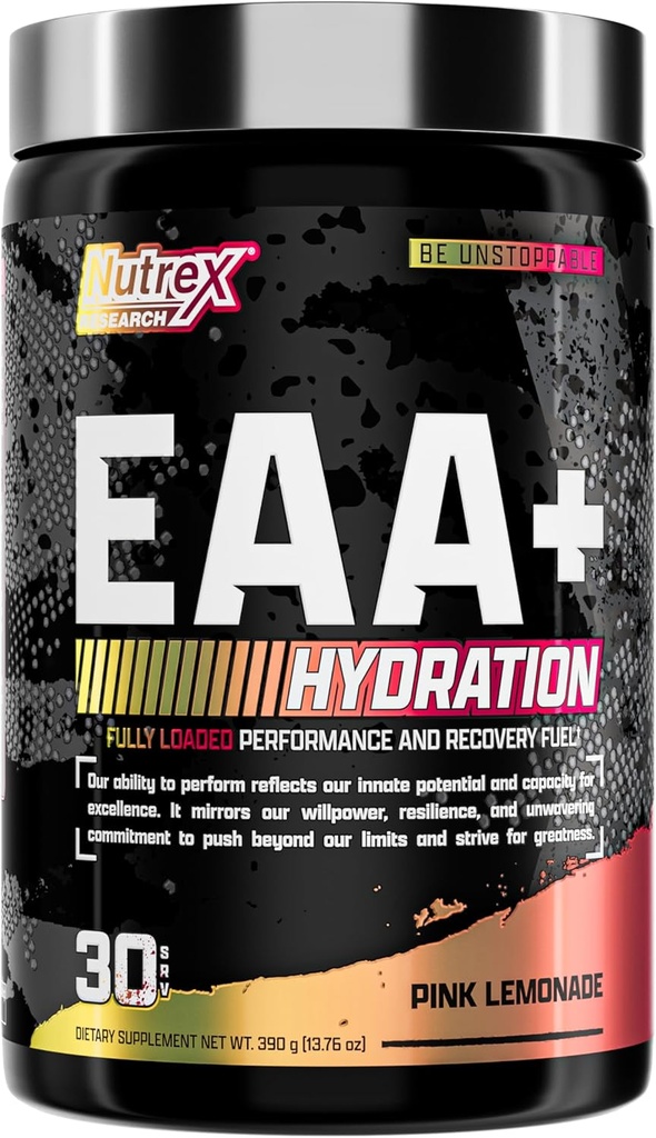 Nutrex Research EAA Hydration 124; EAA + BCAA Powder Between 124; Muscle Recovery, Siła, Muscle Building, Endurance Between 124; 8G Essential Amino Acids + Electrolytes Between 124; (Packaging My Vary) 30 Servings (Pink Lemonade)