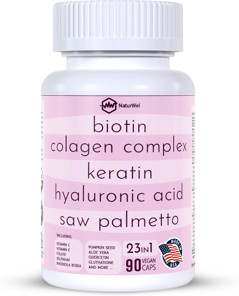 Collagen 1000mg Rhodiola Rosea 2500mg Biotin 10,000mcg, kwas hialuronowy, blokada DHT, witamina C & E, kwas foliowy, Aloe Vera, Quercetin, zielona herbata, keratyna, MSM - 90 hrabiego (90 hrabiego (opakowanie po 1))