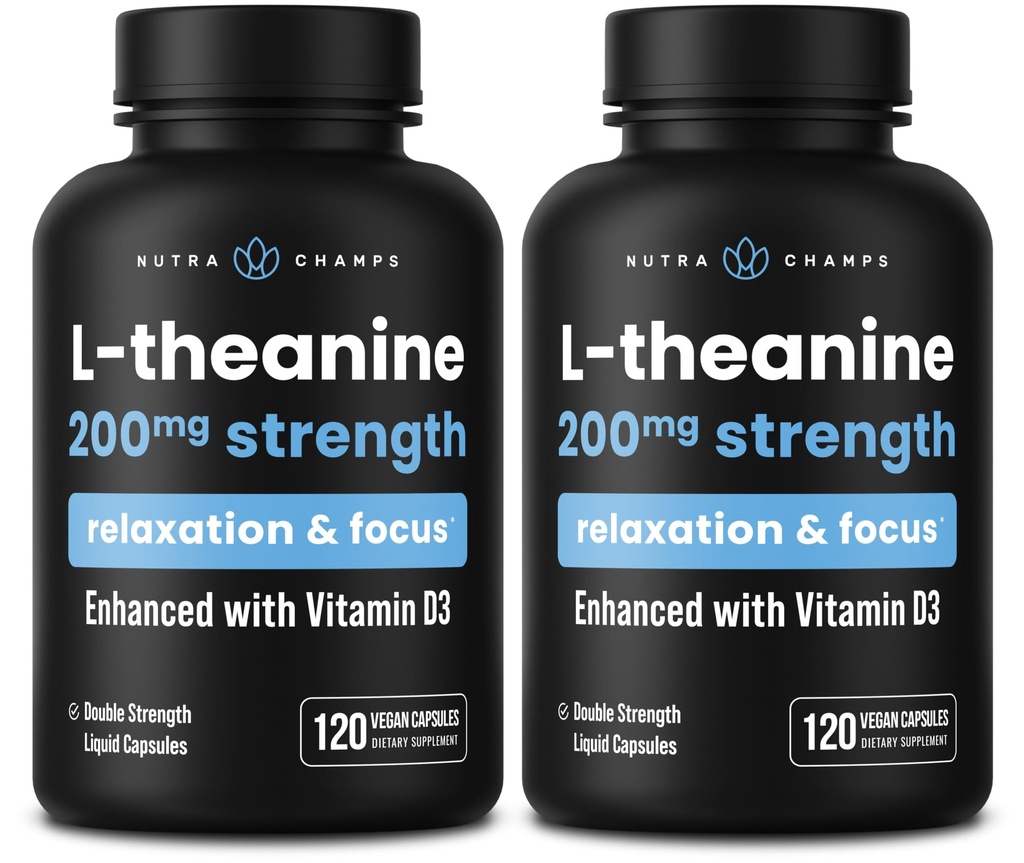 NutraChamps L- Theanine 200mg kapsułki, Duble- Siła L- Theanine Płyn z witaminą D3, Organiczny olej kokosowy, 120 Kapsułek wegańskich (opakowanie po 2)