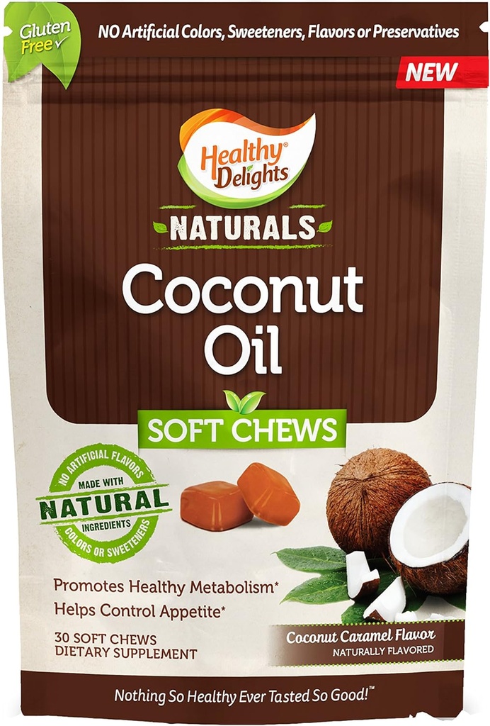 Zdrowe przysmaki Naturals, Coconut Oil Soft Chews, Promotes Healthy Metabolity, Pomaga kontrolować Appetite, Pyszne Karmel Kokosowy Flavor, 30 Hrabia