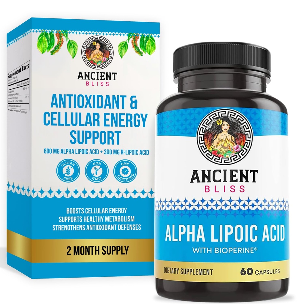 Ancient Bliss Alpha Lipoic Acid Supplement, Antioksydant and Energy Supplement, ALA Supplement with Bioperine, No gluten and Soy, 600mg per Serving, 60 Vegan Capsules