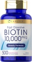 Carlyle Biotin 10,000mcg < 124; 500 szybko rozpuszcza tabletki < 124; dla włosów, skóry i paznokci > 124; Maksymalna siła > 124; Wegetarianin, Non-GMO, Gluten