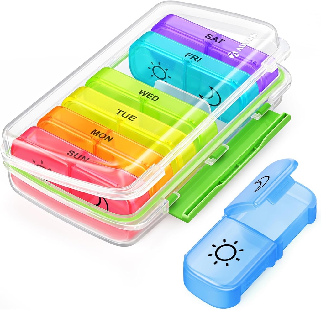AUVON Pill Box 2 razy dziennie z Moisture- Proof Design, Cotygodniowy Pill Organizator AM PM z przenośnymi kieszonkowe szczeliny, Pill Case 7 dzień z podwójną ochroną witaminy, Medycyna, Medycyna i Suplement
