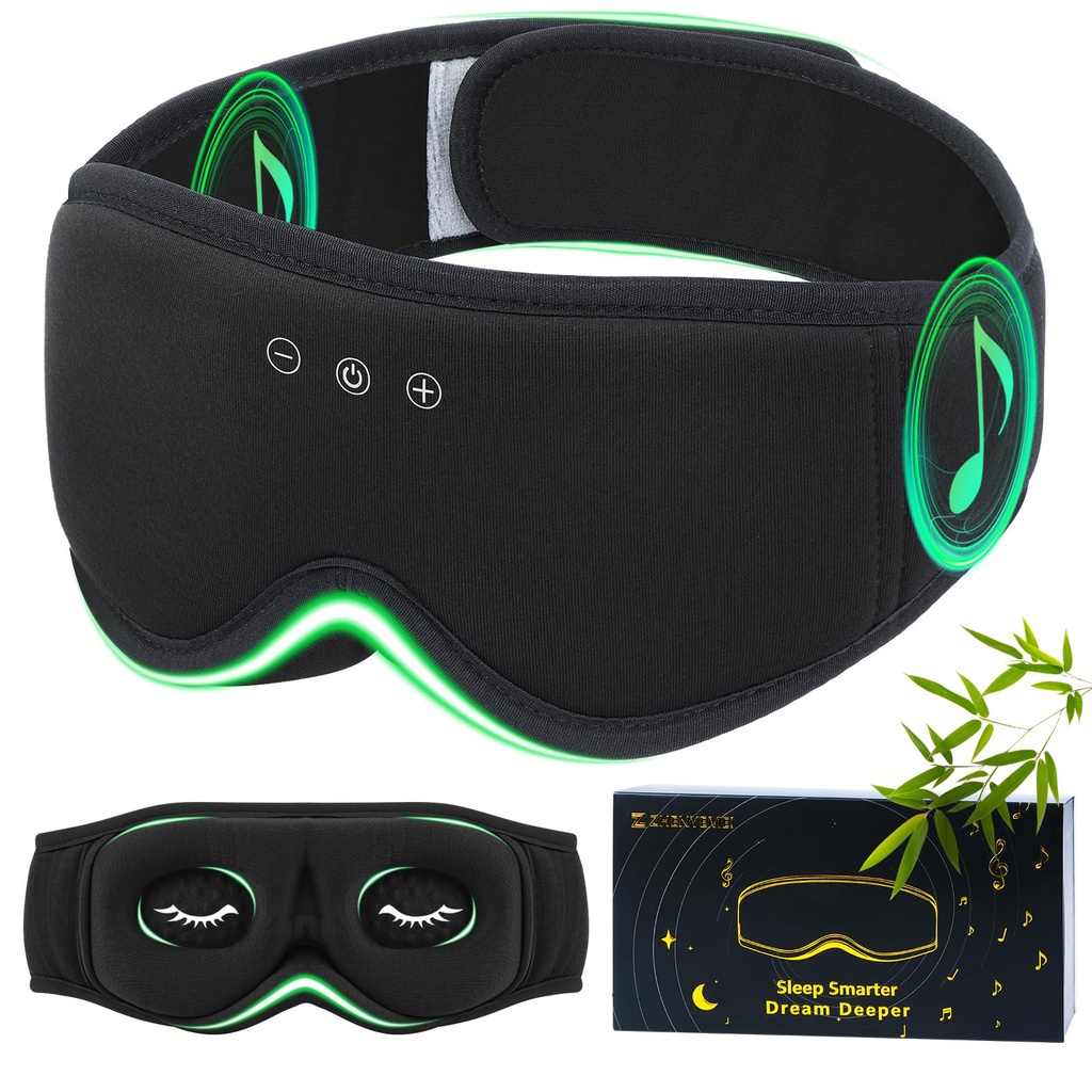 Bamboo Cotton Large Sleep Mask with Bluetooth Wireless Headphones - Blackout Eye Mask for Sleeping 3D Contoured Sleep Headband Ear Muffs Lengthen & Low Noise Hook for Better Experience (Black)