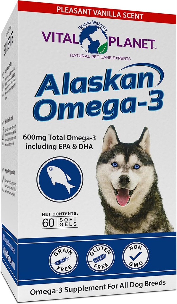 Vital Planet - Alaskan Omega-3 Fish Oil Supplement for Dogs with 600mg of Omega-3, High in DHA and EPA from Sustainable Harvered Wild Caught Cold Water Fish, 60 Vanilla Softgels