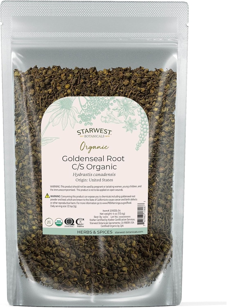 Starwest Botanicals Organic Goldenseal Root - Suszony Loose Leaf Herb do herbaty, Ziołowe mieszanki, & Gotowanie, Czysty i naturalny Hydrastis Canadensis, Cut & Sifted, Certified Kosher, Non-GMO - 4 oz Pouch