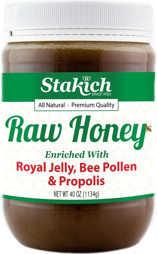 Stakich Royal Jelly, Bee Pollen, Propolis Raw Honey - Czysty, nieprzetworzony, nieogrzewany - 40 unce