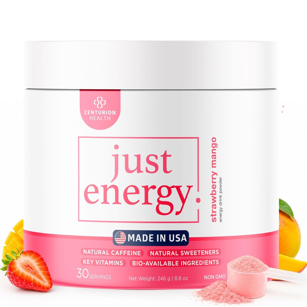 Just Energy Drink Powder, Refreshing Strawberry Mango Energy Drink Mix with 21 Energy-Boosting Ingredients, Includes B Vitamins, Choline, Zinc, Chromium and Inositol, 30 Servings