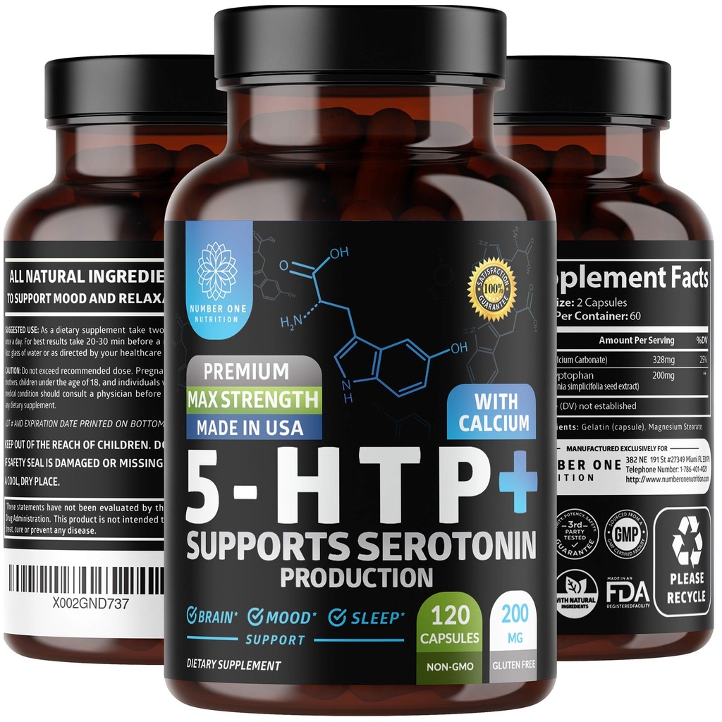 N1N Premium 5- HTP 200mg Plus Wapń, Made from Griffonia Seed Extract, Non GMO and gluten Free, 120 Caps
