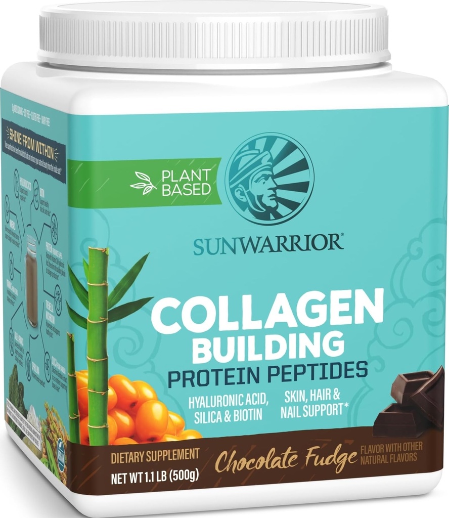 Sunwarrior Vegan Collagen Building Powder Protein Peptide with Biotin Vitamin C Hyaluronic Acid for Hair Skin Nail Dairy Free Gluten Free | Chocolate