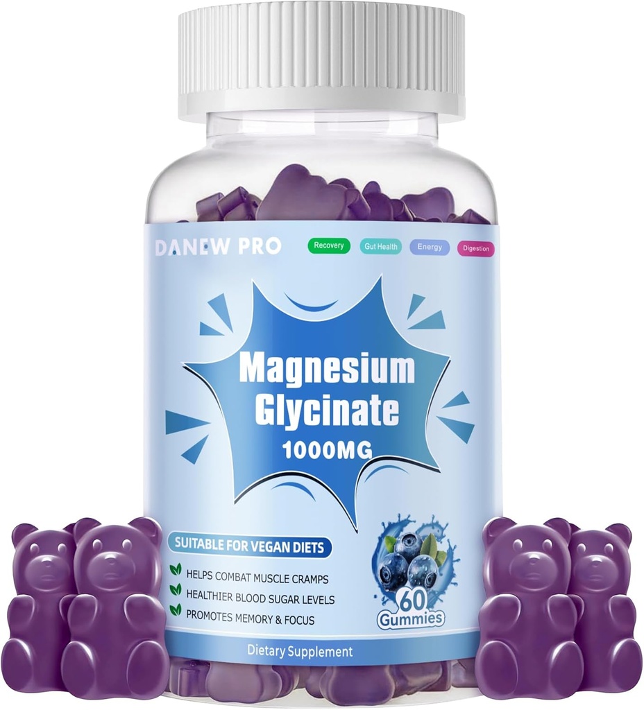 Glucynian magnezu Gummies 1000mg - Suplement potasu bez cukru Magnezu z witaminą D, B6, CoQ10 dla uspokojenia nastrojów i wsparcia snu - 60 Gummies z jagodami