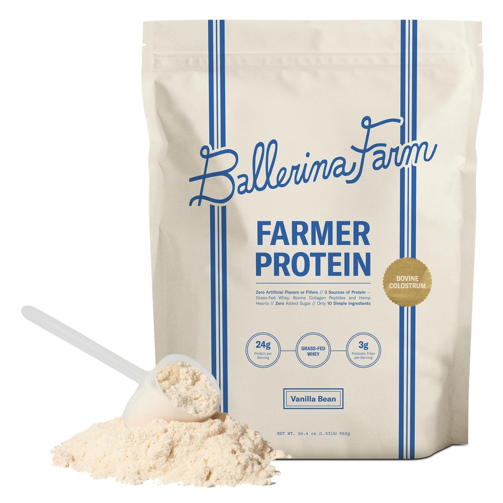 Ballerina Farm Grass Fed Whey Protein Powder, Vanilla Bean, 24g Protein with Collagen Peptides, Bovine Colostrum, Hemp Hearts & Prebiotic Fiber, No Added Sugar or Artificial Ingredients, 20 Servings