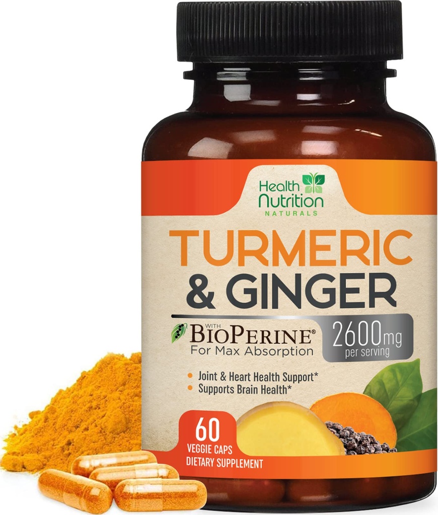 Kurkumina Kurkumina suplement 2600mg - z organiczną Ginger & Turmeric, 95% Kurkuminoidy, BioPerine Black Pepper dla najlepszej absorpcji, Natural 's Vegan Joint Support, Non-GMO, Butelkowane w USA - 60 Kapsułki
