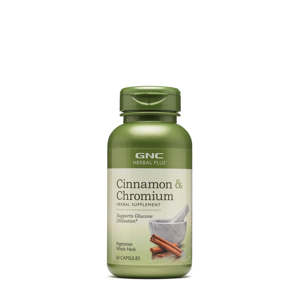 GNC Herbal Plus Cynamon & Chrom Suplement, Wegetarianin, Wspiera wykorzystanie glukozy, 30 Służenie