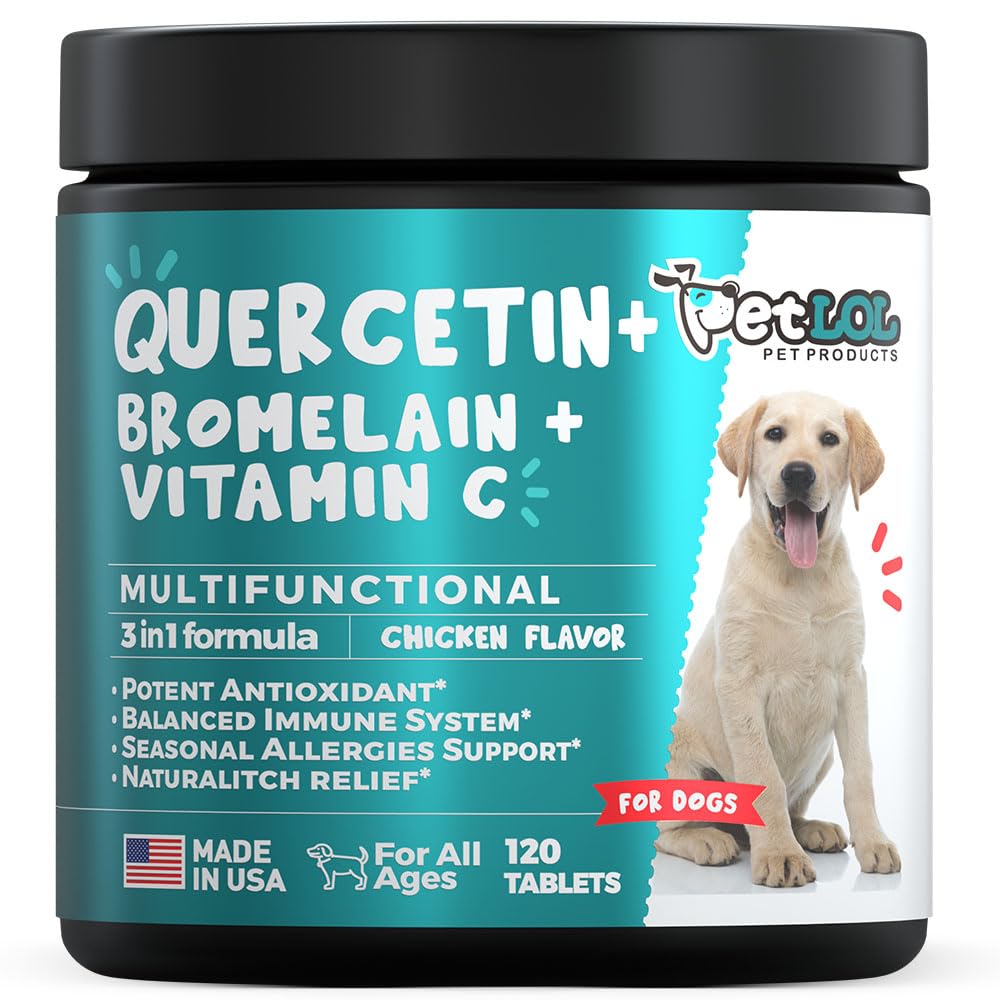Quercetin dla psów z Bromelain & Witamina C - Ulga alergiczna & Itch, Wsparcie immunologiczne i zapalne - 120 Tabletki do żucia Made in USA