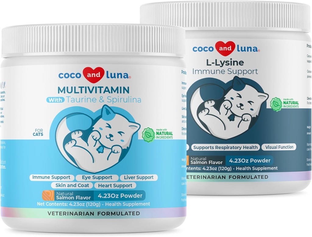 Lizyna + Multiwitamina dla kotów - Wsparcie immunologiczne, Zdrowie skóry i płaszcza, Wsparcie dla oczu - z EPA i DHA, Tauryna i Spirulina