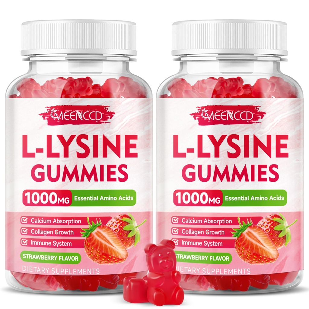 MEENCCD 2 Pack L-Lysine 1000mg Gummies, Lysine Supplement for Adults & Kids, Essential Amino Acid for Oral & Lips Health, Boost Immune & Calcium & Collagen, Sugar-Free, Strawberry Flavor, 120 Count
