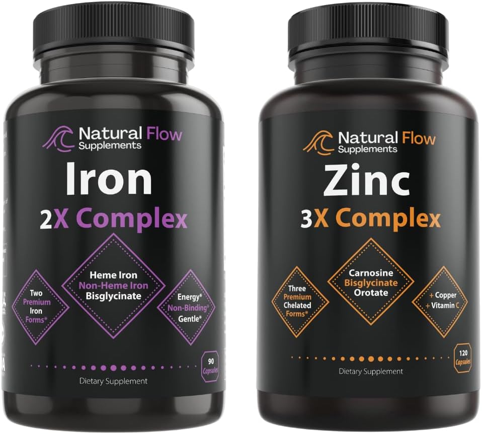 Kompleks suplementu cynku z miedzią i witaminą C - Natural Flow 3X Cynk Karnozyna i suplement żelaza 2- in-1 Kompletny kompleks - Naturalny Flow 2X Heme i Chelated Non Heme Żelaza Bisglicynian