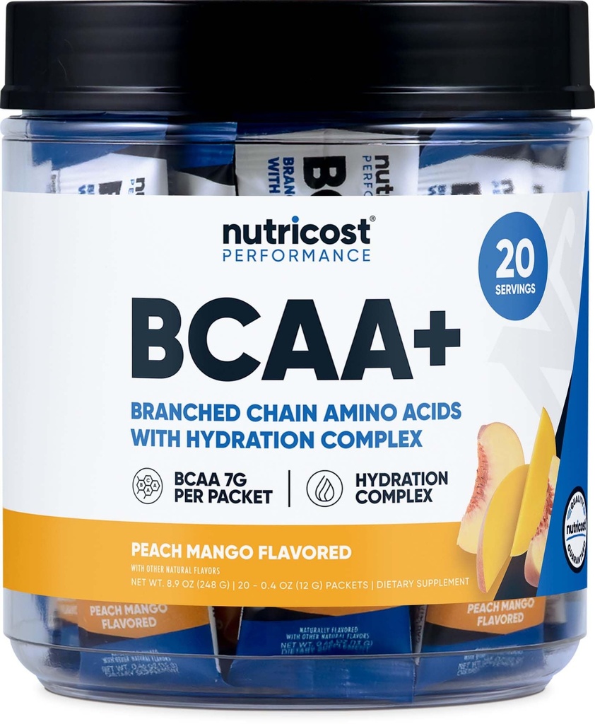 Nutricost BCAA + Hydration Peach Mango Flavor (20 Stickpacków) - Acidy rozgałęzione Acids Chain with Hydration Complex - Gluten- Free, Non-GMO