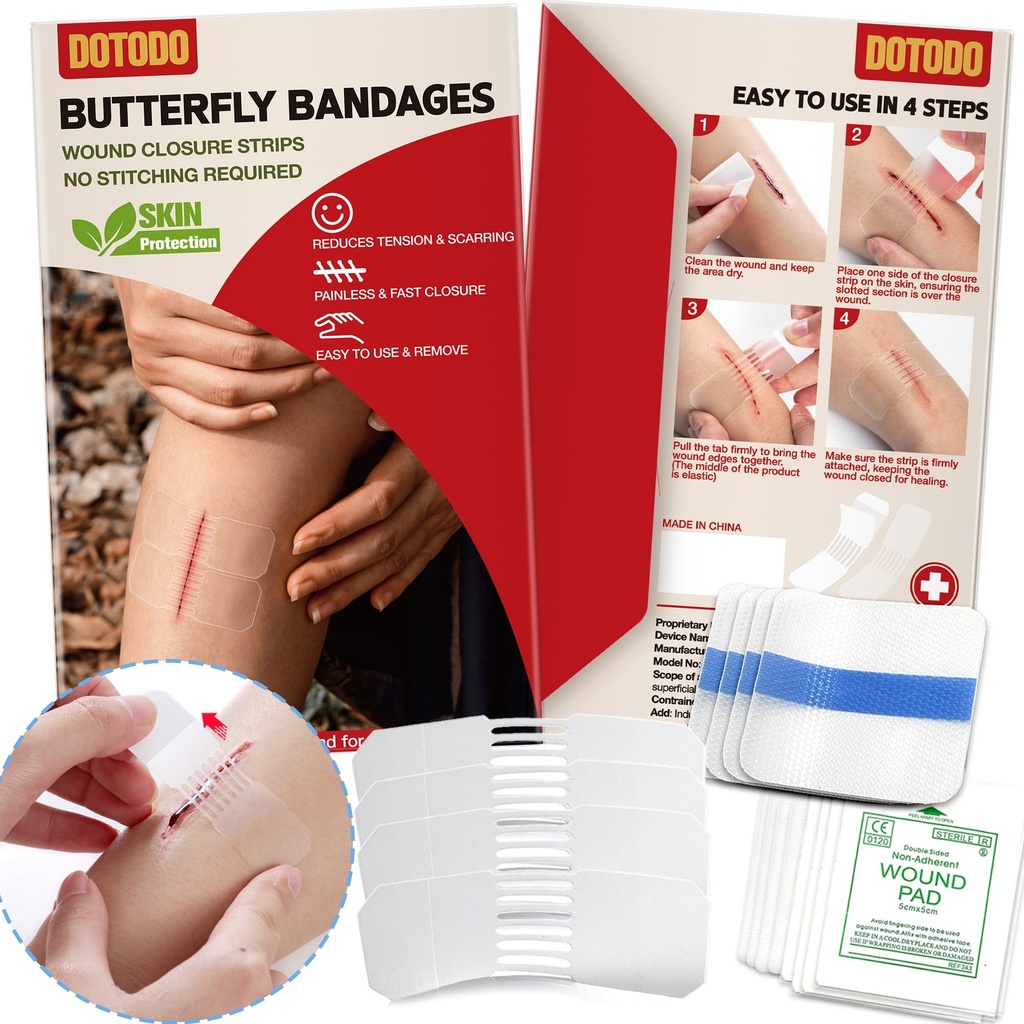 Emergency Wound Closure Strips - HSA or FSA Eligible - Dotodo 4PCS Laceration Closure Kit - Sutures Butterfly Bandaids | Stretchable & Shrinks Back to Close The Cut