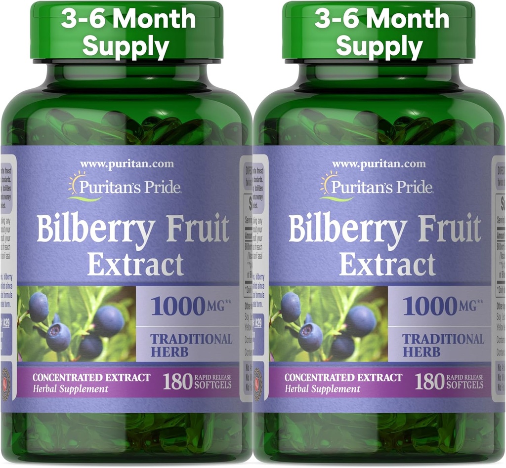 Pride Premium Bilberry Fruit Extract Puritan 250 mg (odpowiednik 1000mg), 4: 1 Skoncentrowany tradycyjny suplement ziołowy, Witamina C, 3 do 6 miesięcy dostaw, 180 Szybkie uwolnienie Softgels 2- Pack