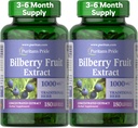 Pride Premium Bilberry Fruit Extract Puritan 250 mg (odpowiednik 1000mg), 4: 1 Skoncentrowany tradycyjny suplement ziołowy, Witamina C, 3 do 6 miesięcy dostaw, 180 Szybkie uwolnienie Softgels 2- Pack