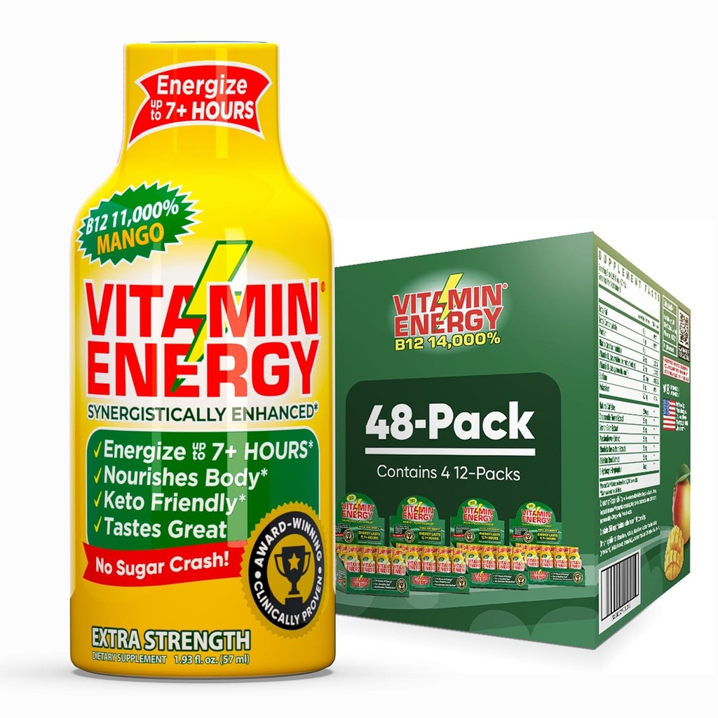 Witamina Energy B12 11 000% Dodatkowa moc energia strzał Mango 48 Pack, 260mg naturalna kofeina, B12 & B6, Nootropowe Focus, Witalność, Zero Cukier, Gluten- Free, Wegan, Kosher, 1.93 fl oz