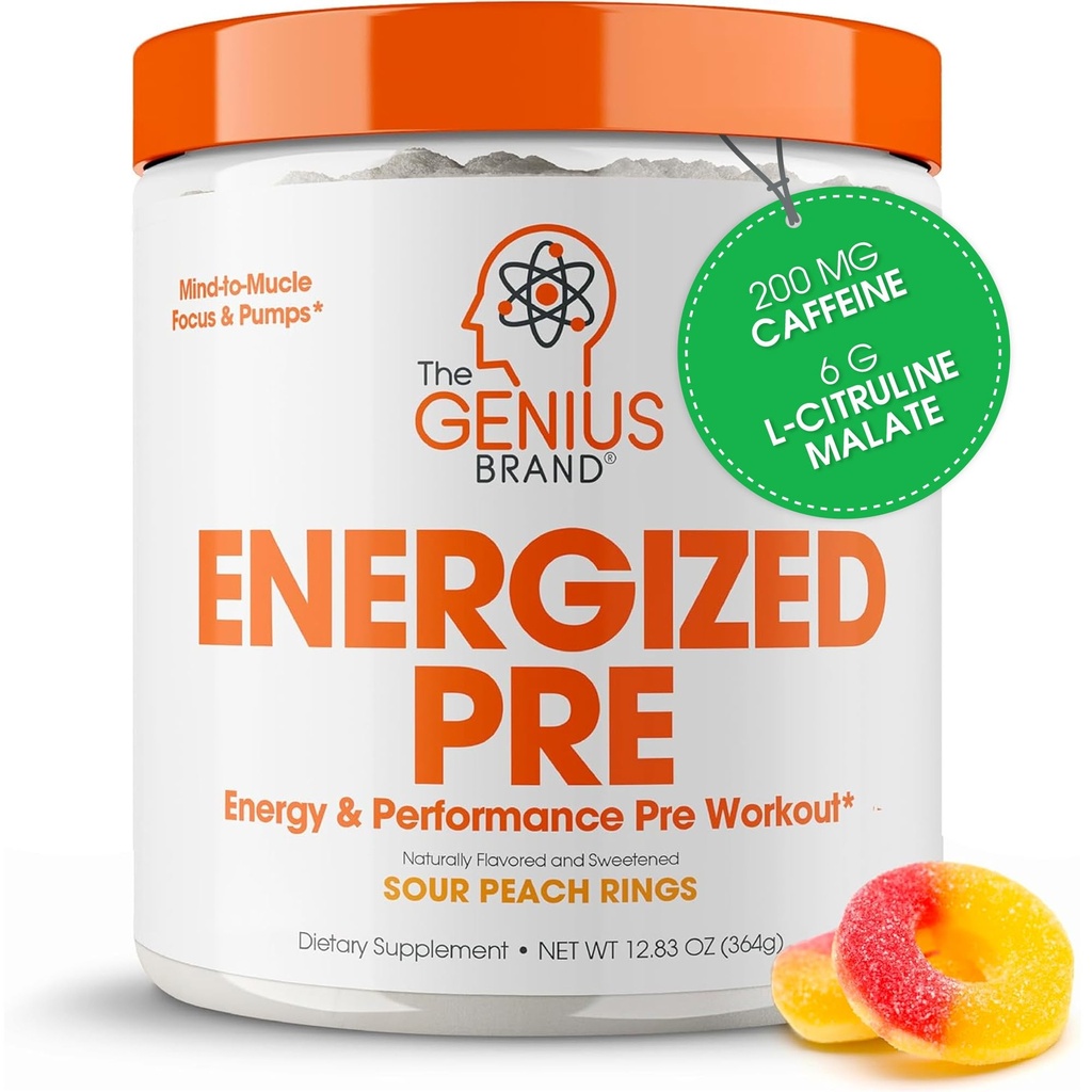 Genius Energized Pre Workout Powder - Kofeina Infused Pre- Workout Booster Suplement z Beta Alanine & Alpha GPC, Brak sztucznych słodzików lub barwników - 200mg Kofeina, 20 Słupki, Sour Peach Pierścienie