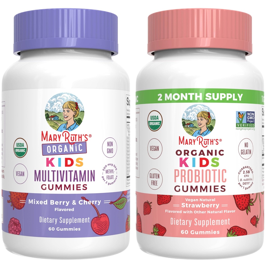 MaryRuth Organic Gummies for Kids- Multivitamin (Mieszane Berry & Cherry), & Probiotic (Truskawka) 124; USDA Organic, No Gelatin! 124; Witaminy dla odporności, Gut Health, & Ogólny Wellness 124; Wegan, Non-GMO
