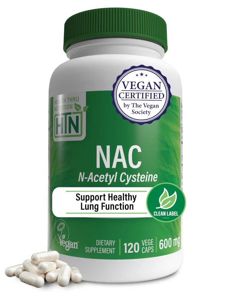 Health Thru Nutrition NAC N- Acetyl- Cysteine 600mg 120 Kapsułki 124; Vegan Certified Assembly 124; The Clest NAC Supplement Assembly 124; Wspomaga zdrowe funkcje wątroby płuc & Zdrowie komórkowe 124; Non-GMO Soy & Gluten Free