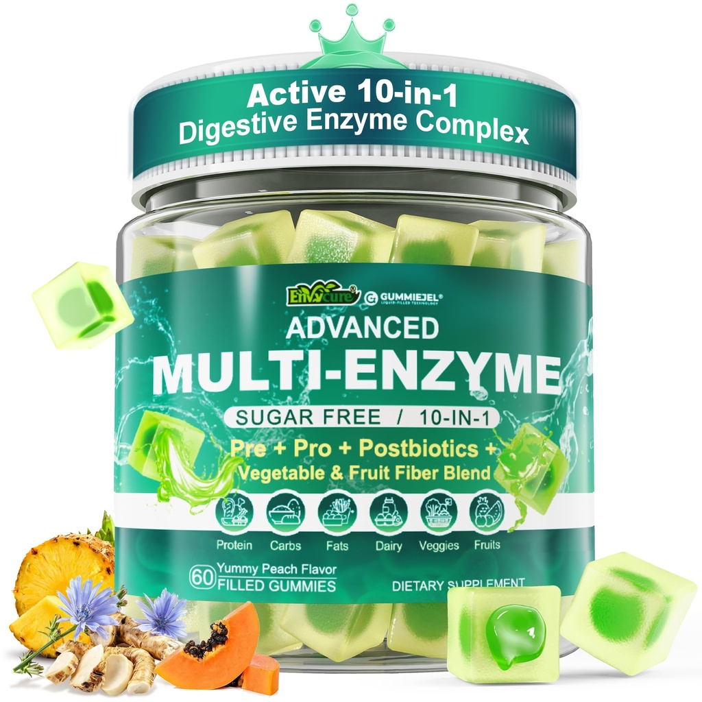 Gummy do encefalopatii pokarmowych dla kobiet i mężczyzn, wieloenzymy z 90 Miliard CFU Probiotyki i Prebiotyki & Postbiotyki, Mieszanki roślinne i owocowe, Super Enzymy dla zdrowia pożywienia & Gut, Immune, 60Cts
