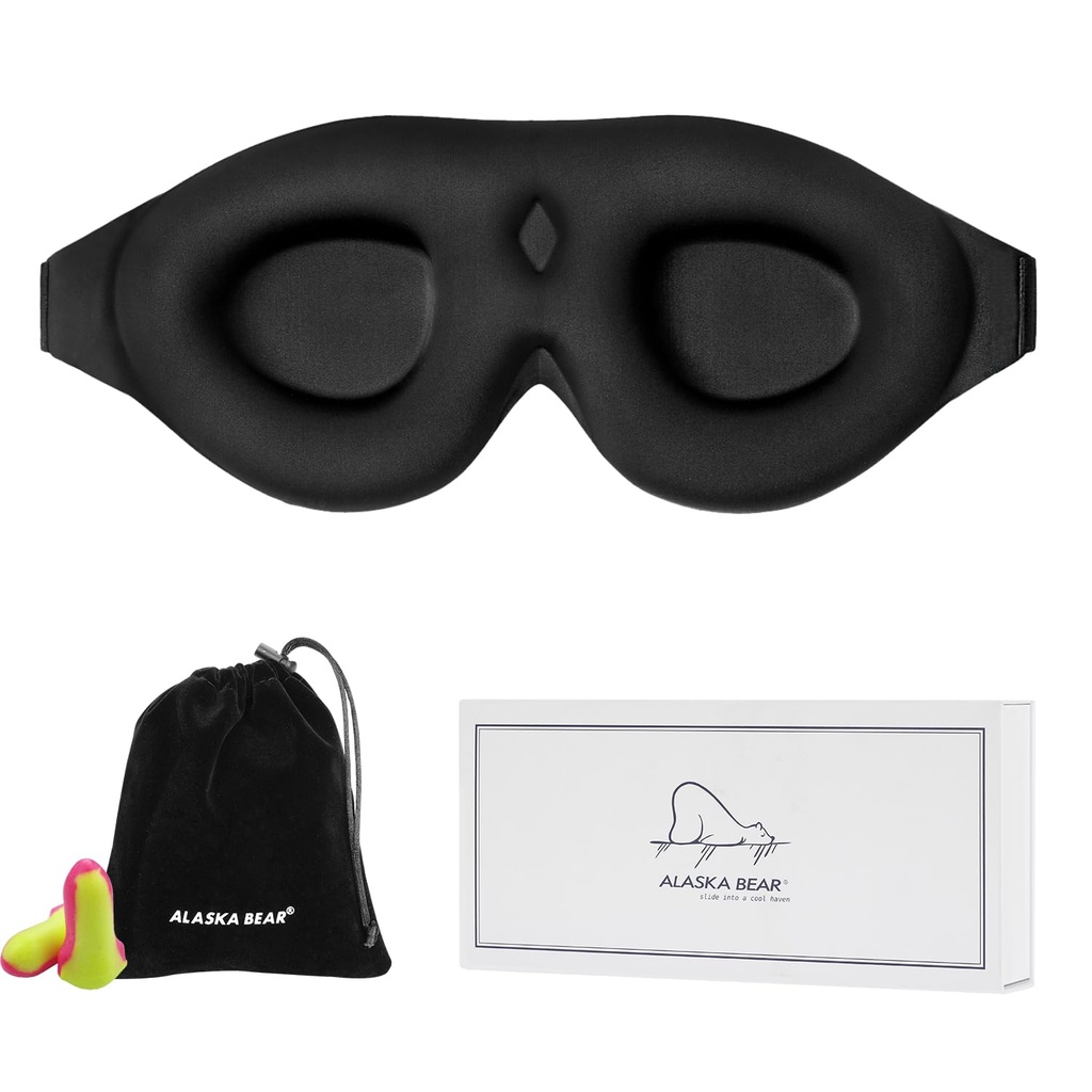 ALASKA BEAR Sleep Mask Memory Foam Contoured Eye Cups for Women and Men, Soft 3D Blackout Eye Mask for Sleeping No Pressure on Eyelids and Eyelashes Protection, Earplugs Set, Black