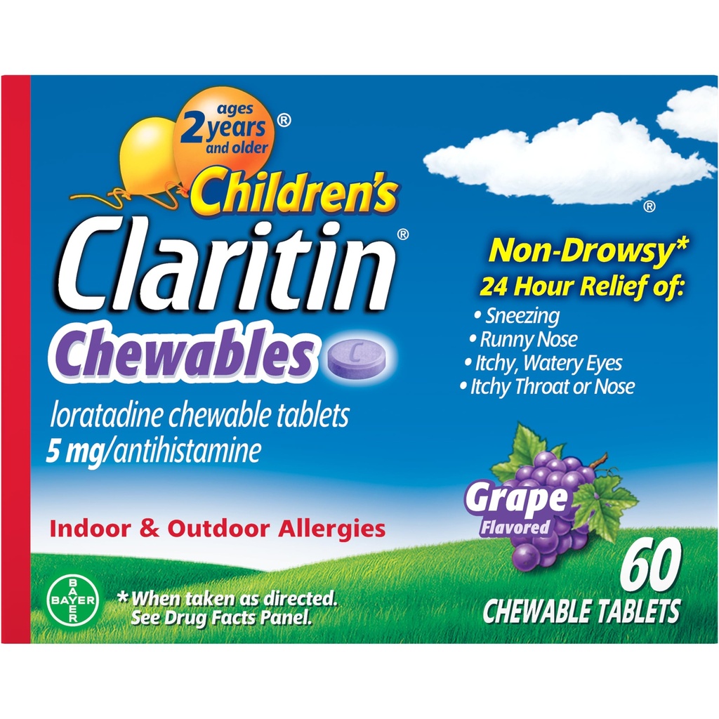 Dzieci Claritin Chewables 24 HR Dzieci leki alergiczne, Grape, 60 Hrabia