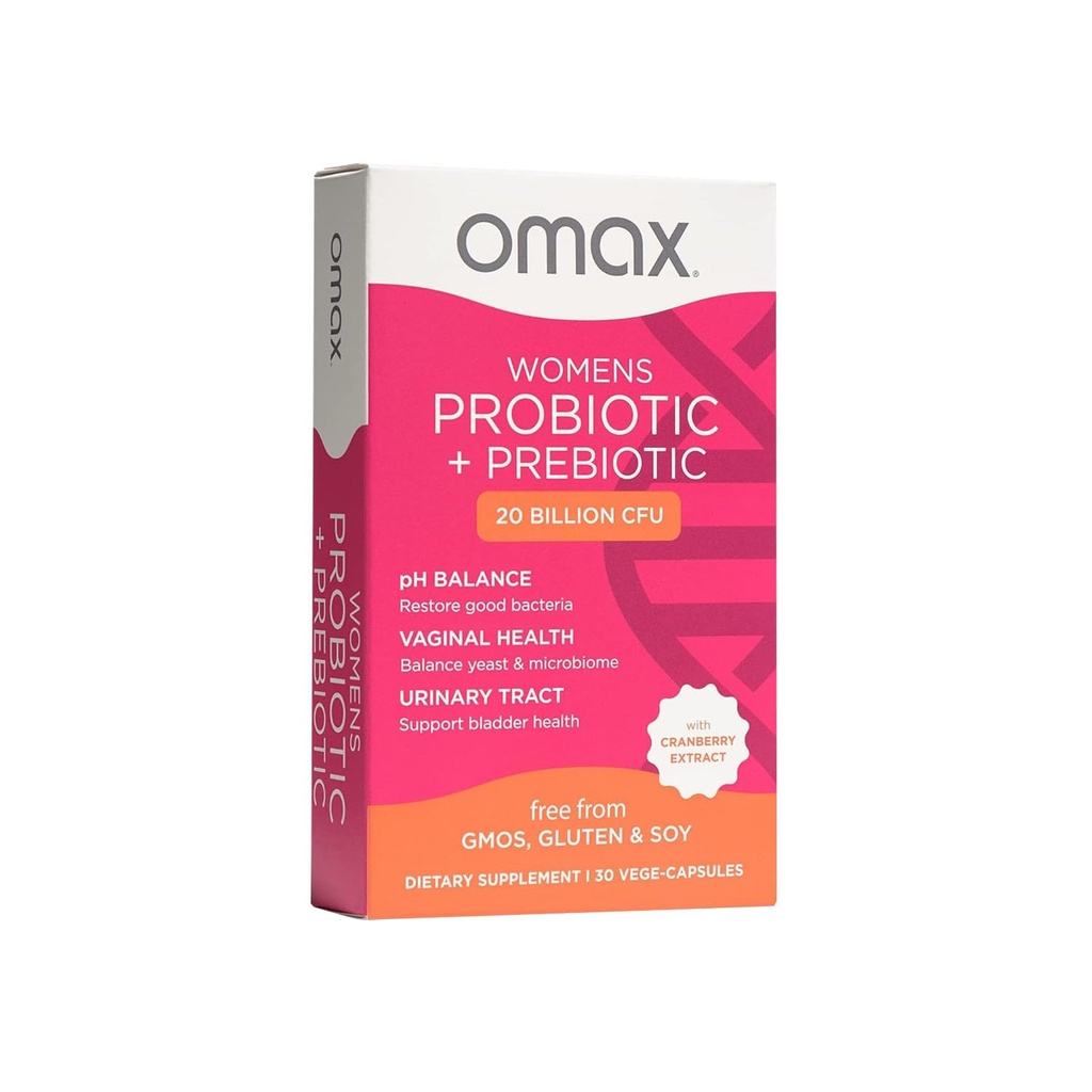 Omax Health Prebiotics and Probiotics Complex for Women, pH Balance, Vag Health, Urininary Tract, Yeast & BV Prevention, Lactobacillus & Bifidobacterium British 124; Vegan, Organic, Gluten Free British 124; 30 Vege- Capsules