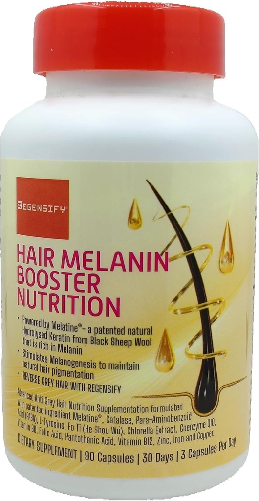 REGENSIFY Hair Melanin Booster Nutrition [Anti Grey Hair Supplement for Men & Women Between 124; Melatine ®, Catalase, PABA, L- Tyrosine, He Shou Wu, Chlorella Extract, CoQ10, Kwas foliowy, Kwas pantotenowy]