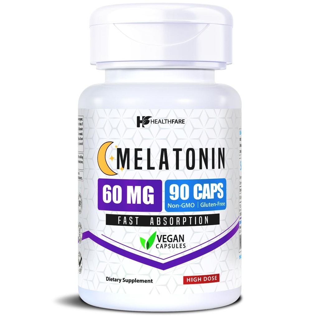 Melatonina 60 mg 124; 90 Kapsułek Veg 124; Formuła wysokiej mocy 124; Wegetarianin, Non-GMO, Gluten- Free 124; Made in USA