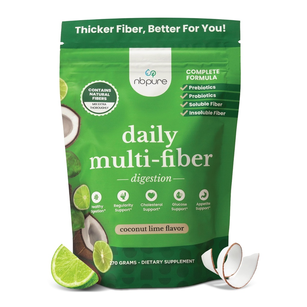 nbpure Daily Fiber Powder Blend for Digestive Health, Cholesterol Support, Healthy Weight Management - with Prebiotic, Insoluble, Soluble Fiber + 4 Probiotic Strains, Coconut Lime, Gusset, 45 Servings
