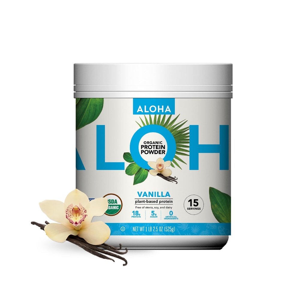 ALOHA Organic Plant Based Protein Powder, Stevia Free, Vanilla, 19.6 oz, 15 Opakowanie służbowe MAY VARY