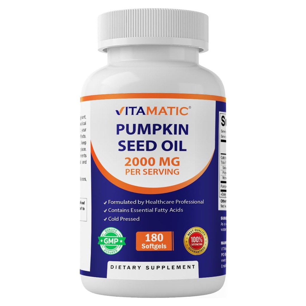 Vitamatic Pumpkin Seed Oil 2000mg Softgel Capsules per Serving - 180 Softgels - 1000mg na softgel