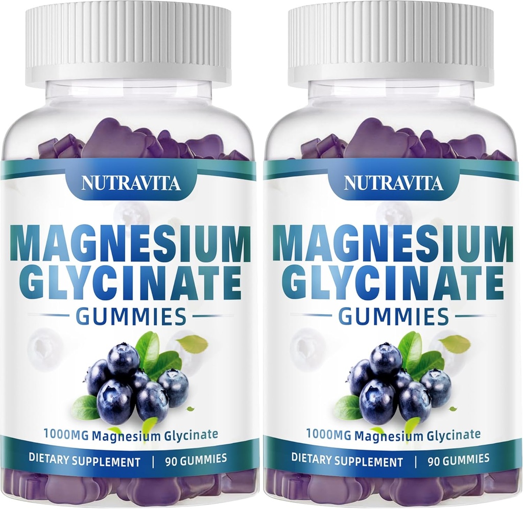 Magnezu Gummies Glucynian 1000mg z magnezem L- Threonian, Chelated Magnezu Potasu Suplement z VTD, B6, CoQ10, Wapń, Podpory pamięci, Spokój, Nastrój - 180 Gummies Blueberry