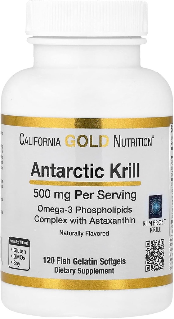 California Gold Nutrition Antarctic Krill Oil, Ultra- High Omega-3 z Astaksantyną, Natural Strawberry & Lemon Flavor, Non GMO, Gluten Free, 500 mg, 120 Fish Gelatin Softgels, 2 Pack